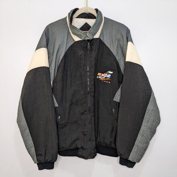 Vintage Swingster Nascar Mens Large Jacket Coat Full Zip Black Gray Korea - Picture 1 of 14